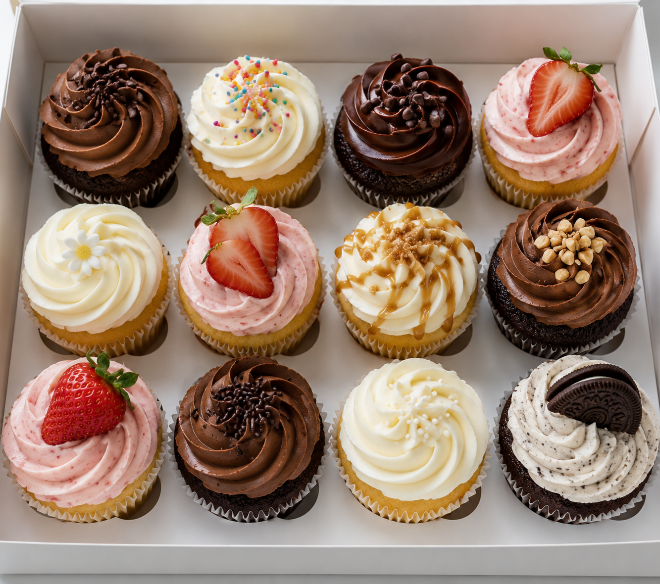 An assorted dozen of cupcakes in a pink bakery box